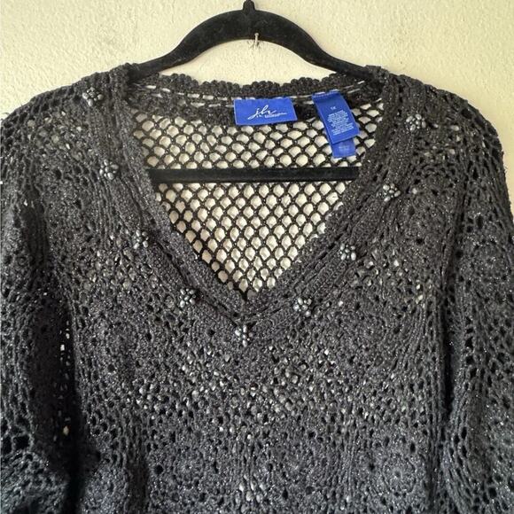 JH Collectibles Crochet Sweater Women’s Plus Size 1X Black Shimmer Boho V Neck - Picture 3 of 8